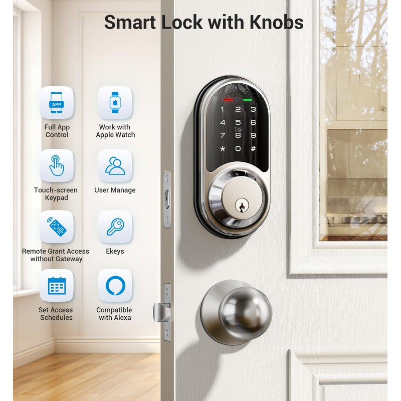 Veise RZ06C Smart Locks for Front Door, 2 Knob Handle