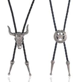 chausa Set of 2 70 cm Cowboy Costume Men's Ties Tie Leather Chain Necklace Western Sheriff Star Accessories Bolo Tie Tie Wild West Cowboy Accessories for Parties and Wild West Costume Men, silver