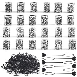 DODUOS 24PCS Hair Beard Beads Braiding Bead Norse Viking Hair Tube Runes Beads, 6PCS Pull Hair Pin Quick Beader and 200PCS Rubber Bands, Dreadlock Bead Hair Accessories for Jewellery Bracelet Necklace