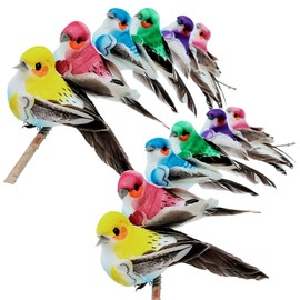 12pcs Artificial Birds Feather Birds with Clips Colorful Decorative Tree for Crafts Home Party Decor Spring Display Christmas Ornaments (12pcs Clip)