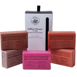 La Maison du Savon de Marseille French Soaps Bio-Sheabutter Hautpflege-Geschenkset – Holz-Set – Peeling Paranuss – Bernstein – Zeder – Oud – Sandelholz – 5 x 125 g Riegel