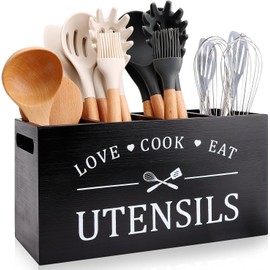 GIOTUK Wooden Kitchen Utensil Holder with 4 Compartments & Drainage, Farmhouse Cooking Utensils Caddy for Countertop, Removable Divider Cutlery Organizer Box (Black)