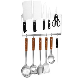 ShinHonex Magnetic knife holder，Magnetic tool holder for wall 16”, Two-tier design，Magnetic knife strips with 6 hooks，No-drill tool storage rack for kitchen knives and other tools