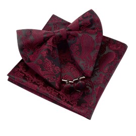 GUSLESON Paisley Burgundy bow tie Adjustable Pre-tied Big Bowtie and Pocket Square Cufflink Set (0613-01)
