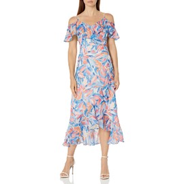 London Times Women's Cold Shoulder Hi-Low Maxi Dress with Feminine Ruffle Occasion Guest of Mother of The Bride, Sky/Royal/Coral