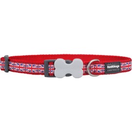 Red Dingo Bucklebone Dog Collar Design, Union Jack Flag on Red, Small 15mm
