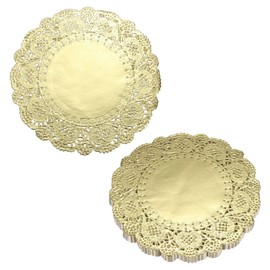 HARFINGTON 50pcs Lace Paper Doilies 4.5 Inch Gold Round Disposable Decorative Paper Placemats Hollow Flower Absorbing Papers for Cakes Desserts Food Decoration Wedding Birthday