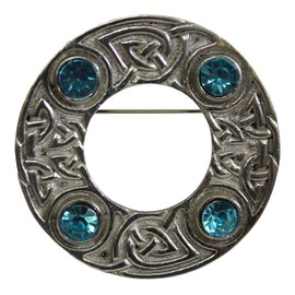 Art Pewter Faux Pewter Celtic Interlace Scarf Sash Dance Plaid Brooch with Turquoise Blue Stone Inserts, Tin