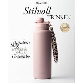 MAMEIDO Thermosflasche mit Strohhalm 1,2l - auslaufsichere Trinkflasche Edelstahl isoliert, Wasserflasche BPA-frei mit Trageschlaufe, Water Bottle Sport (Powder Blush, 1200ml)