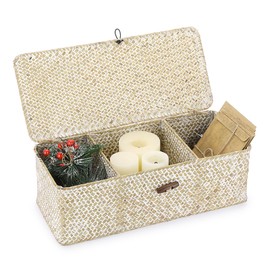 IGNPION 3 Compartments Seagrass Storage Basket with Lid Bathroom Sotrage Toilet Tank Top Basket Woven Seagrass Desktop Basket Rectangular Organiser Box Shelves & Desks Decorative Basket Whitewash