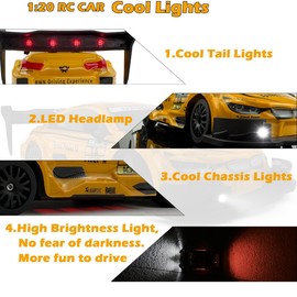 HTURCCOP 1:20 RC Drift Car 2.4GHz 4WD High Speed Drift Remote Control Cars Vehicle with LED Lights and Drifting Tires Batteries x2 Racing Sport Toy Cars for Adults Boys Girls Kids (Yellow)