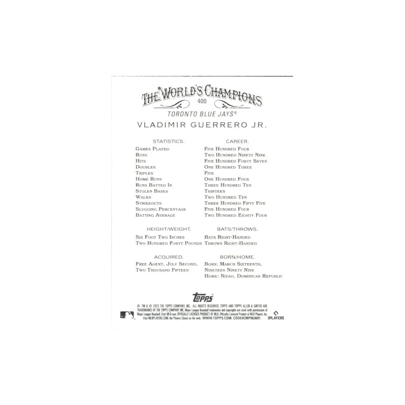 2023 Topps Allen & Ginter Baseball #400 Vladimir Guerrero Jr.