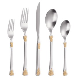Mafier Luxury 20 Pieces 18/10 Stainless Steel Flatware set, Service for 4, Silver Plated with Gold Accents, Matte Stain Silverware set(Gold Accent)