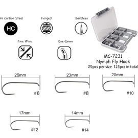 Maxcatch 125pcs Barbless Fly Fishing Fly Tying Hooks Dry Nymph Wet Shrimp Jig Hook with Magnetic Waterproof Fly Box (7231 Nymph Fly Hook (Barbless), #6- #14 (5 Sizes)-125pcs)