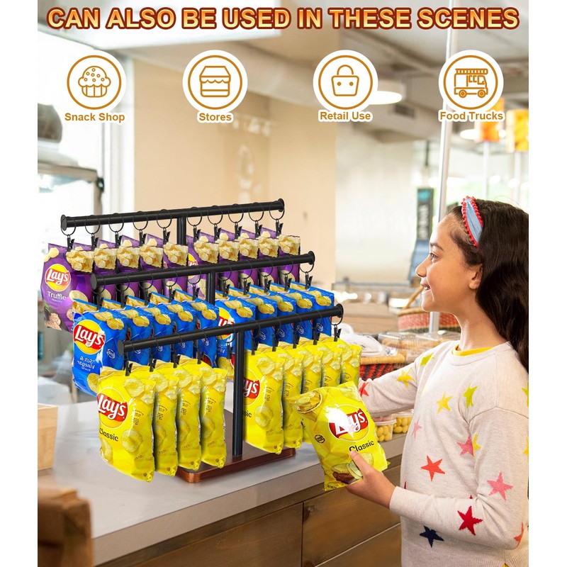 Usluole Chip Rack Display Stand, 3-Tier 42 Clips Snack Organizer