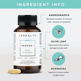 JSHealth Vitamins Immune+ Supplement for Immune System Support | Relieve Severity of Symptoms of Common Colds and Flu | Andrographis Echinacea Olive Leaf | (60 Tablets)