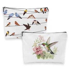 2 Pcs Hummingbird And Pink Flowers Print Travel Makeup Bags, Hummingbird Themed Zipper Pouch Travel Organizer Toiletry Skincare Toiletry Bags for Friend Coworker Sister Christmas Birthday Gifts
