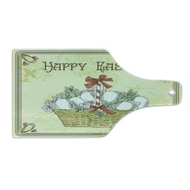 Ambesonne Easter Cutting Board, Happy Easter Calligraphy with Ribbon Basket of Eggs Vintage Style Drawn Print, Decorative Tempered Glass Cutting and Serving Board, Wine Bottle Shape, Green and Khaki