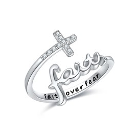 Faith Cross Rings Adjustable Sterling Silver Faith over Fear Cross Rings Christian Religious Jewellery Gifts for Women Men