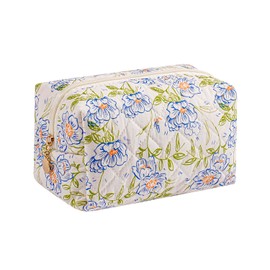 Gleyemor Small Quilted Makeup Bag for Women, Cute Floral Cotton Cosmetic Bag, Travel Toiletry Bag Period Bag Essentials Bag Gifts for Her Mom Friend Sister Bridesmaid (Green-Blue)