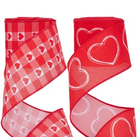 GORGECRAFT 10Yds 2 Rolls 2 Style Red Valentine's Day Ribbon Hearts Grosgrain Wired Edge Ribbon 6.3cm Width Lattice Heart Love Fabric Craft Ribbon for Gift Wrapping Floral Crafts Bow Tie Wrapping