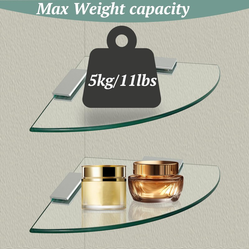 SYLXTEEM 2-Pack Glass Corner Shower Shelves with Aluminium Brackets, 9.8