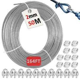 50m (164ft) Stainless Steel Wire Rope - 2mm PVC Coated 304 Steel Cable with 10 Wire Rope Clamps - Durable, Weather-Resistant Cable for Curtain Rods, Clotheslines, Plant Supports, String Lights, and Mo
