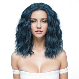 Yamel Wavy Bob Wig Natural Wig Blackish Blue Synthetic Hair Shoulder Length Short Curly Middle Part Lace Front Wigs for Women