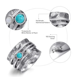 AVECON Turquoise White Mother of Pearl Ring 925 Sterling Silver Hammered Rings Women Statement Band Rings Birthday Jewelry for Women Size 10