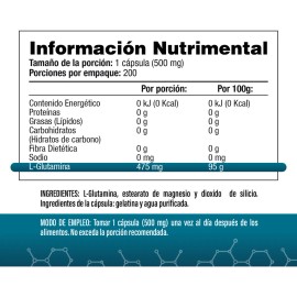 L-Glutamina - Aminoácido 475 mg por porción (1 al Día) - 200 Cápsulas - S&V - Sin Gluten y Sin OMG