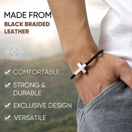 MEALGUET Minimal Cross Leather Bracelet for Men : Christian Faith Black Wristband Bracelets for Men Jewelry Religious Gift for Baptism Christmas Birthday for Boys Young Man, 19cm