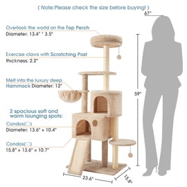TSCOMON Multi-Level Cat Tree Cat Tower for Indoor Cats, Tall Plush Rest Area with Spacious Cat Condos, Scratching Posts with Hammock Basket and Hanging Toys, Cat Furniture with House for Rest & Fun