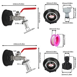 NINGYER IBC Outlet Tap, 1/2 Inch and 3/4 Inch IBC Adapter with Hose Connection and Fabric Sealing Tape, IBC Connection, Suitable for S60X6 Water Tank Accessories (2 Sizes)