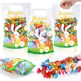 Fuutreo 50 Pcs Easter Zip Lock Bags Clear Happy Easter Sealing Pouches with Handles Resealable Bunny Plastic Bags for Egg Hunt Holiday Party Candy Gift Wrap Supplies Decoration(Easter)