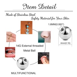 Besyvvin 30pcs Piercing Balls 14G Stainless Steel 4mm Silver Replacement Balls for Belly Tongue Eyebrow Septum Piercing