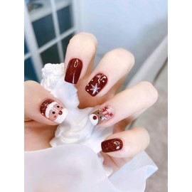 Square Press on Nail Christmas Short Fake Nails with Design Snowflake Elk Santa Claus False Nail Full Cover Red Acrylic Nails Cute Winter Xmas Glue on Nails for Women Girls Christmas Nail Decorations