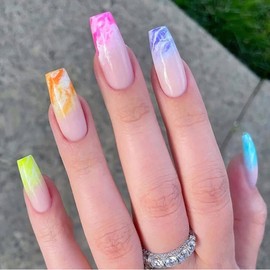 Glue On Artificial Nails, Marble Press On Nails, Ballerina, Abstract Long False Nails for Sticking, Long for Women and Girls (Pack of 24)