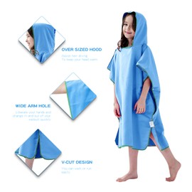 jooeer Surf Poncho Towel for Kids Microfibre Hooded Changing Beach Towel Dress for Boys Girls Pool Swimming Camping Travelling Bathing, Quick Dry, Lightweight, Blue