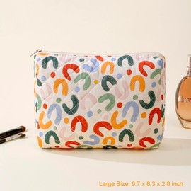 Gleyemor Large Travel Quilted Makeup Bag for Women, Cute Floral Cotton Cosmetic Bag, Coquette Aesthetic Toiletry Organizer Storage Make Up Bag (Colorful U)