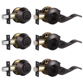3 Sets - Entry Door Lever and Double Cylinder Deadbolts Combo Pack in Oil Rubbed Bronze Finish, Front Handlesets Combination Set, Keyed Alike Lockset Exterior and Interior, Contractor Pack, Wave Style