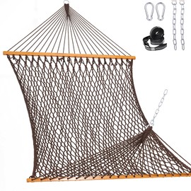 Lazy Daze Hammocks Double Rope Hammock, 2 Person Traditional Outdoor Hand Woven Cotton Rope Hammock with Spreader Bar, Chains, Tree Straps for Patio Yard - Max 450 Lbs, Dark Brown