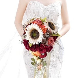 10 Inch Sunflower Rose Bouquets for Bride Fall Wedding Burgundy Burnt Orange Large Cascading Bridal Bouquet Artificial Silk Flower Boho Rustic Ceremony Anniversary Decor Toss Bouquet