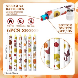 Nuanchu 6 Pcs Thanksgiving Flameless Taper Candles 10.6" LED Fall Candle Sticks Maple Leaf Battery Operated Taper Candles Flickering for Autumn Thanksgiving Harvest Dinner Table Home Party Decor