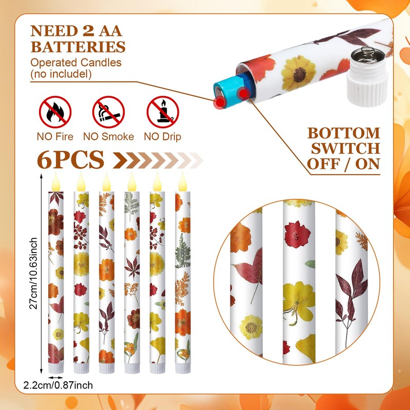 Nuanchu 6 Pcs Thanksgiving Flameless Taper Candles 10.6" LED Fall