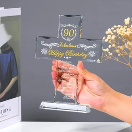 Movdyka Crystal 90th Birthday Cross Gifts for Women Men Engraved Glass 90 Years Old Birthday Presents Ideas for Mum Nan Christian 90th Birthday Religious Decoration Keepsake