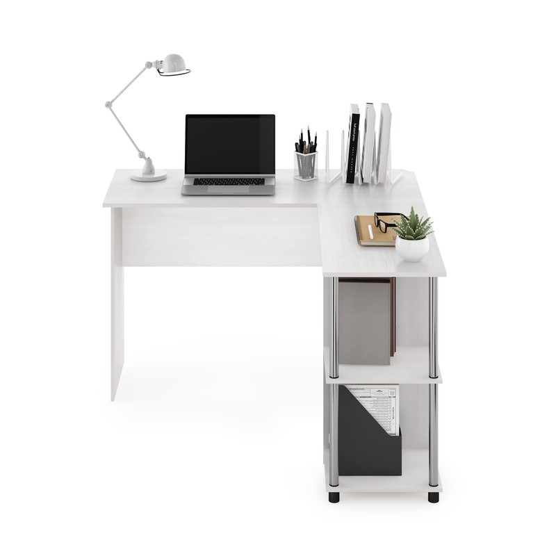Furinno Abbott L-Shape Computer Desk with Stainless Steel Tubes Bookshelf,