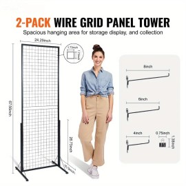 2 Packs Wire Gridwall Display Racks 67x24 Extra Clips Hooks T-Base Floorstanding Double Side 24 Grid Home Storage OrganizationBlack: 2 PCS-67*48 IN