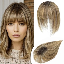 Lasunork Hair Toppers for Women Human Hair Topper Clip in Fringe Hand-woven Swiss Base Hair Topper (Medium Brown Mix Blonde with Dark Brown Root)