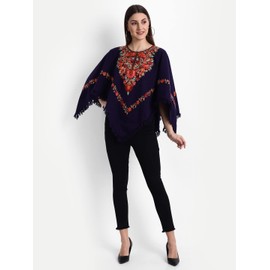Zamour Indian Kashmiri Women's Poncho/Overcoat Hand Embroidery Paisley Work with Inner Lining (free size) (Blue)