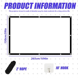 WANDGU 120 Inch Projector Screen: 16:9 HD 4K Projector Screen Wrinkle-Free Hanging Foldable Portable Projection Screen Washable with Hooks and Ropes for Home, Office, School and Outdoor Use